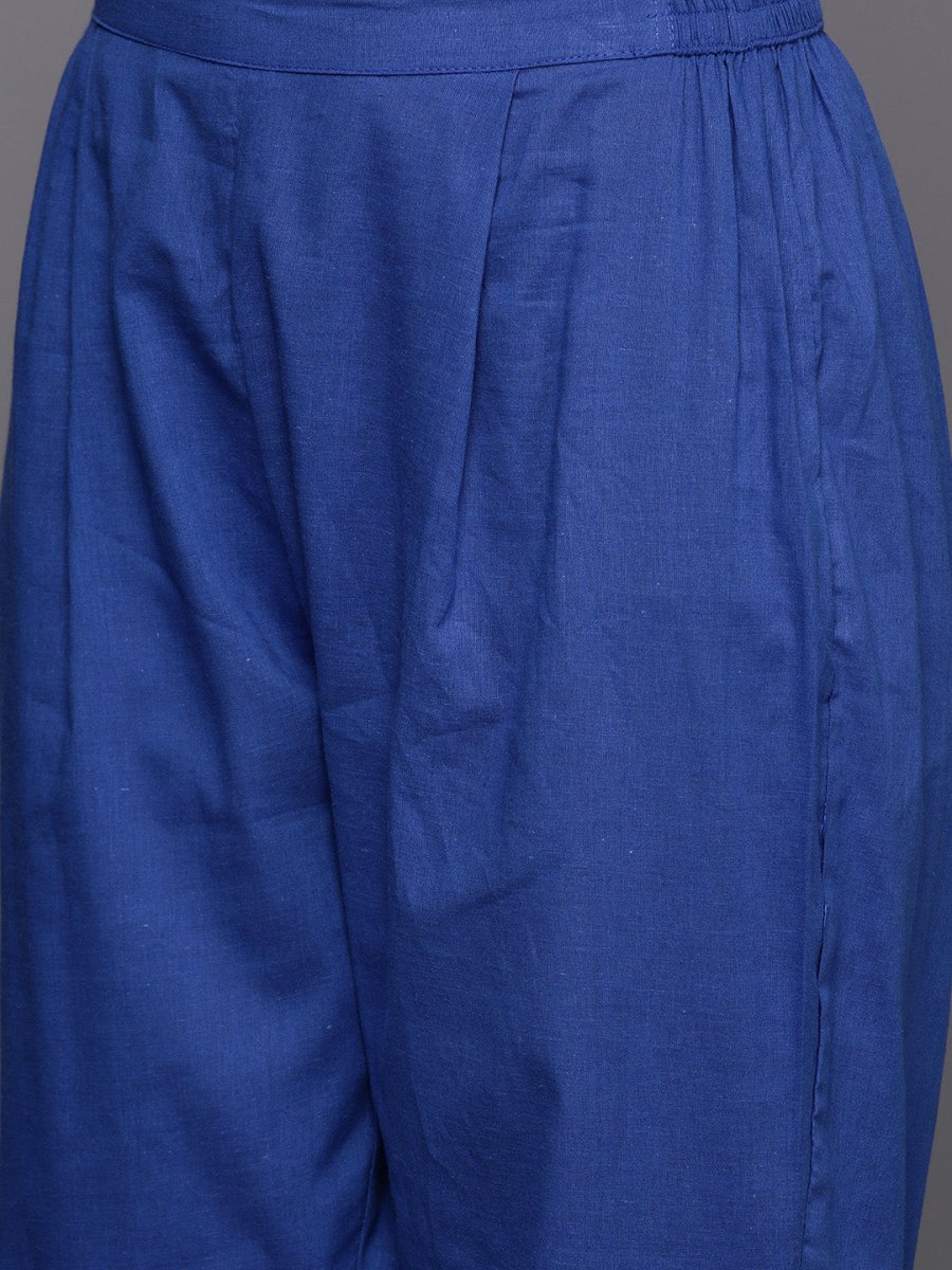 Ahalyaa Women Blue Floral Printed Pure Cotton Kurta with Trousers | Grocsy