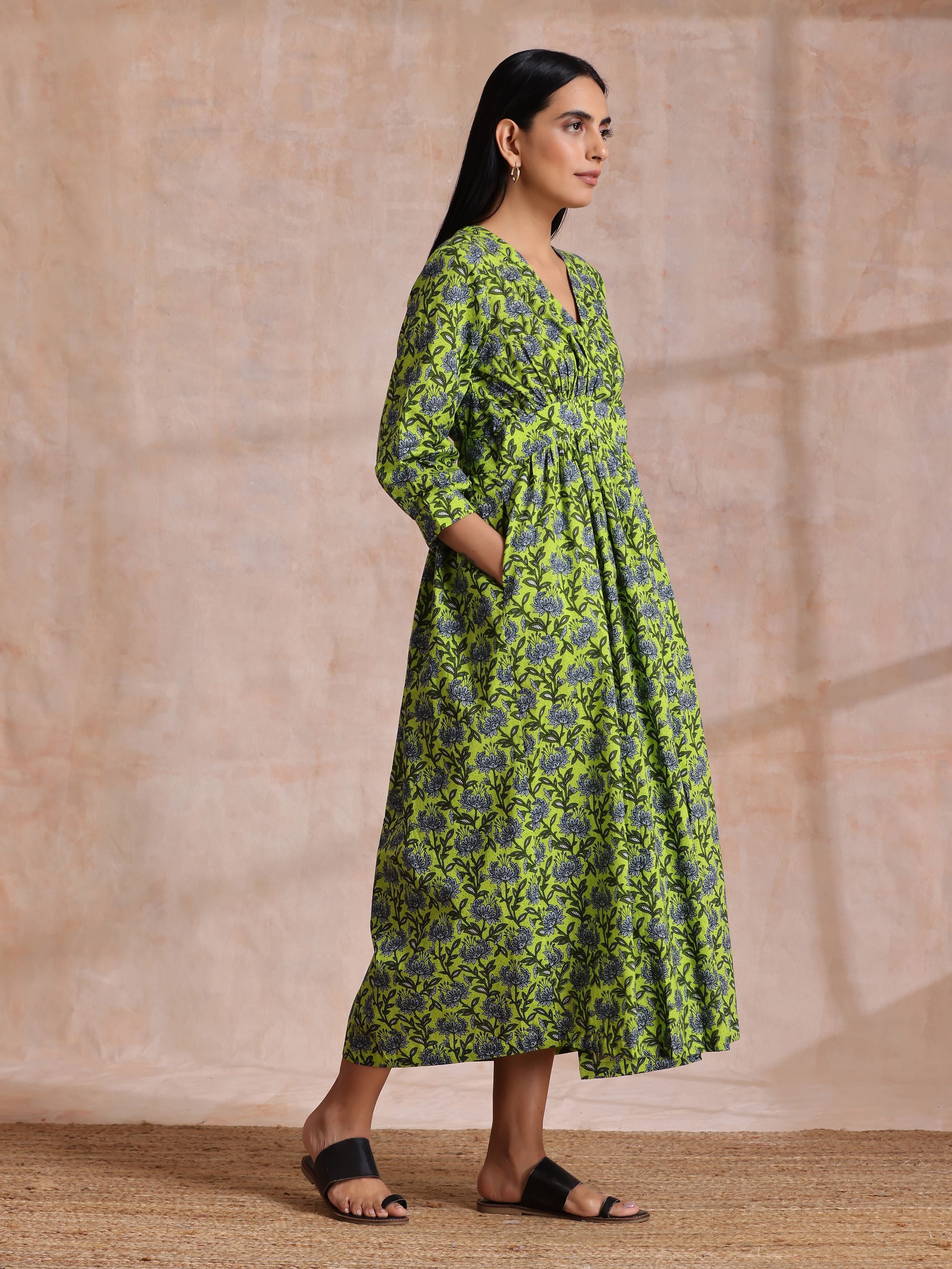 trueBrowns Lime Green Overall Blue Floral Block Print Cotton Wrap Dress | Grocsy