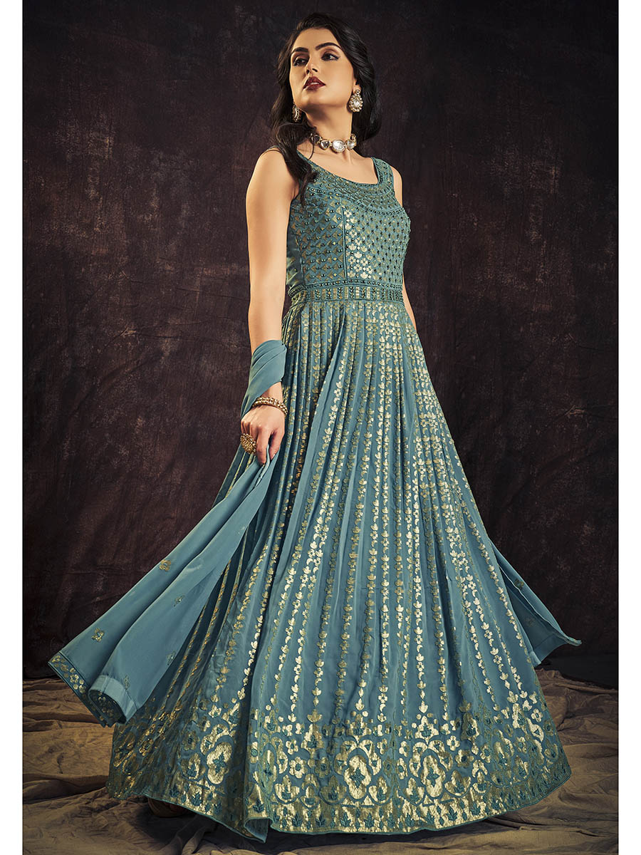 Myra Blue Real Georgette Designer Gown Style Suit | Grocsy