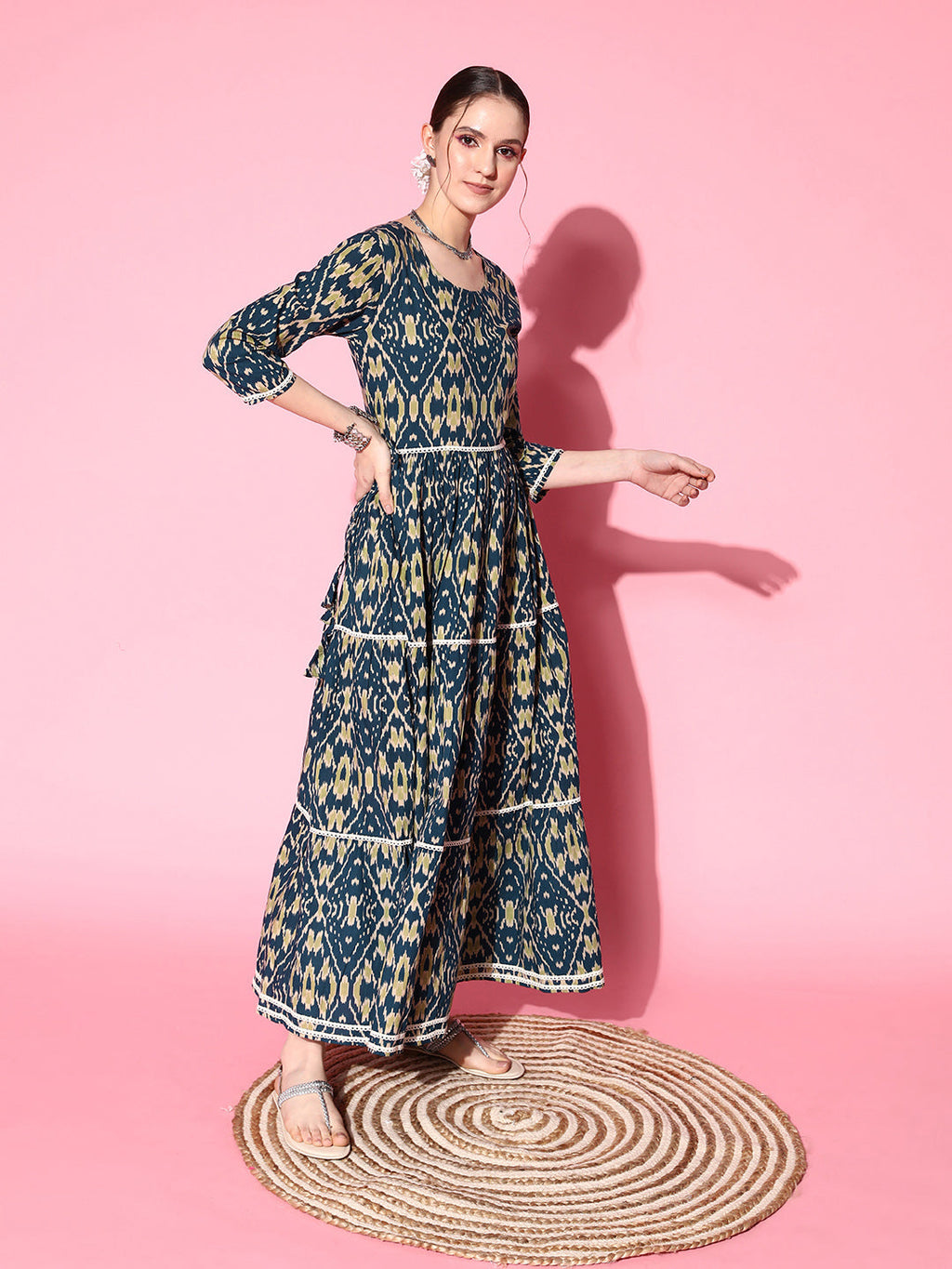 InWeave Women's Blue Ikkat Print Tiered Dress With Lace | Grocsy