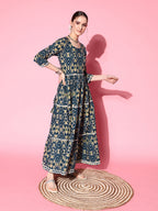 InWeave Women's Blue Ikkat Print Tiered Dress With Lace | Grocsy