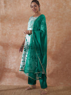 InWeave Women's White Teal Lurex Leaf Print Patch Gota Kurta Set W Teal Dupatta | Grocsy