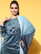 Ahalyaa Women Gotta Patti Velvet Kurta with Palazzos & With Dupatta | Grocsy