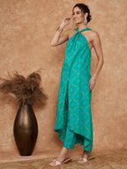 InWeave Women's Aqua S Print Twisted Neckline Kurta Pant Set | Grocsy