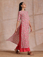 trueBrowns Pink Brown Overall Floral On White Block Print Cotton Slit Kurta Pant Set | Grocsy