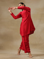 trueBrowns Maroon Textured Silk Front Placket Co-Ord Set | Grocsy