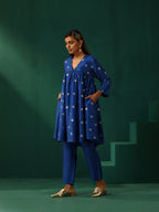 trueBrowns Royal Blue Geometric Floral Viscose Silk Front Gathered Co-ord Set | Grocsy