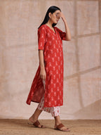 trueBrowns Red On Red Ikat Print Cotton Kurta Pant Set | Grocsy
