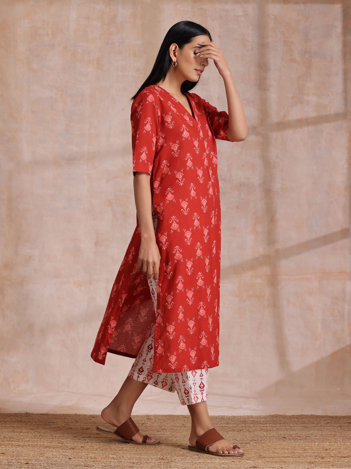 trueBrowns Red On Red Ikat Print Cotton Kurta Pant Set | Grocsy