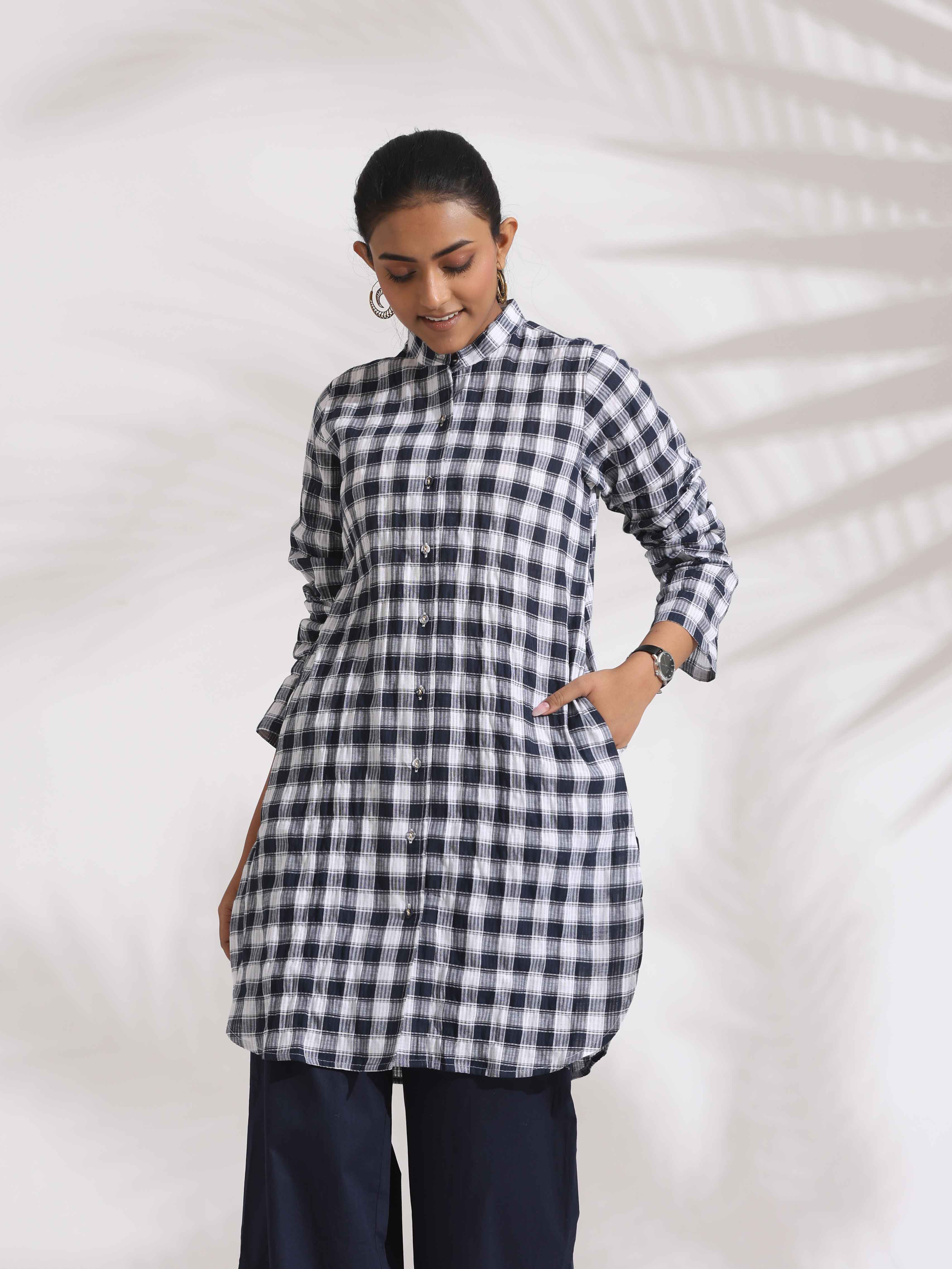 trueBrowns Blue Cotton Check Kurta Co-ord Set | Grocsy