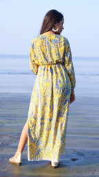 Noroke Vintage Crepe Yellow Vintage Printed Long Dress | Grocsy