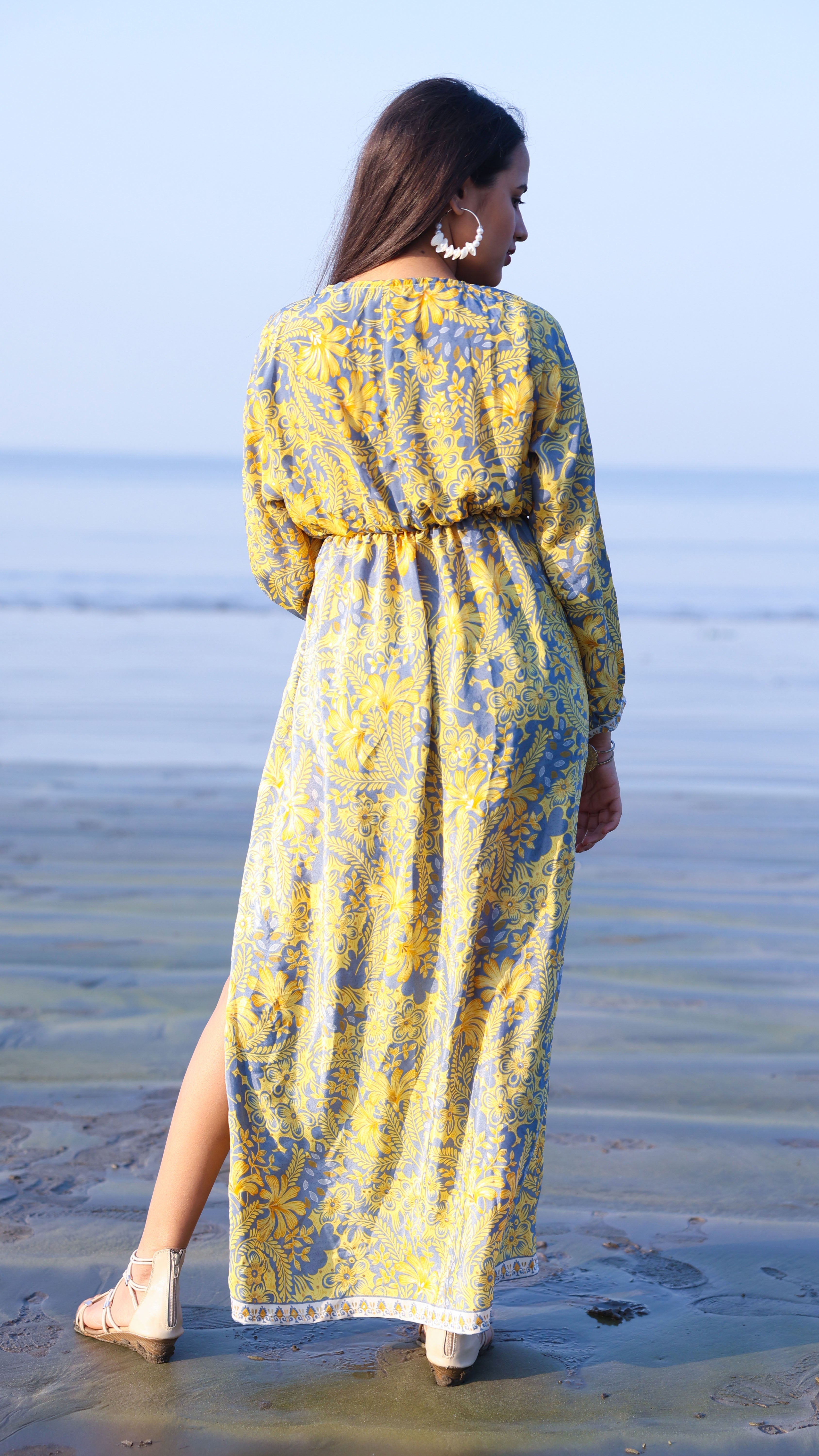 Noroke Vintage Crepe Yellow Vintage Printed Long Dress | Grocsy