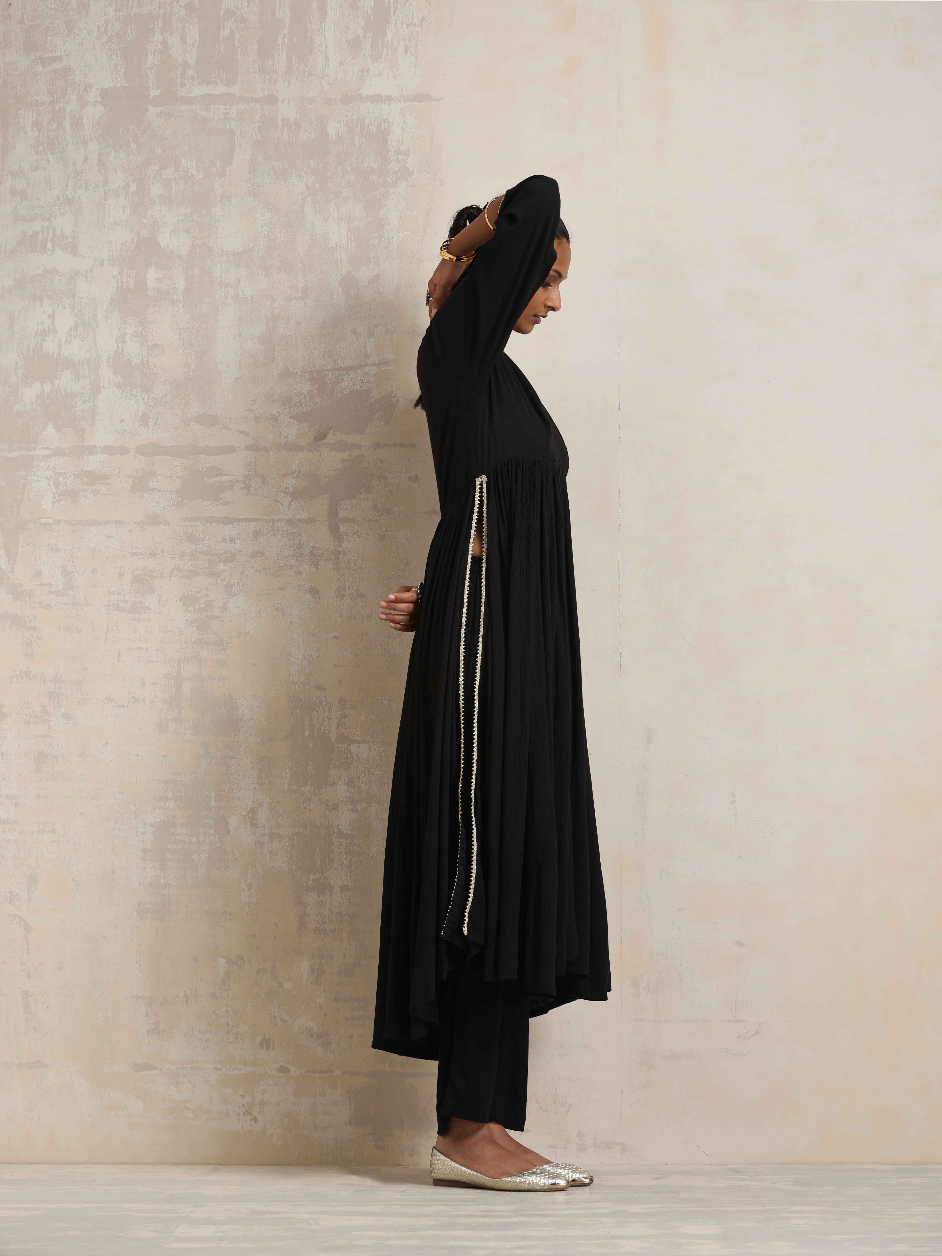 trueBrowns Black Crinkle Anarkali Flared Kurta Set | Grocsy