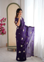 Evanik Purple Mos Silk With Handwork Butterfly Design Saree With Unstitched Blouse | Grocsy