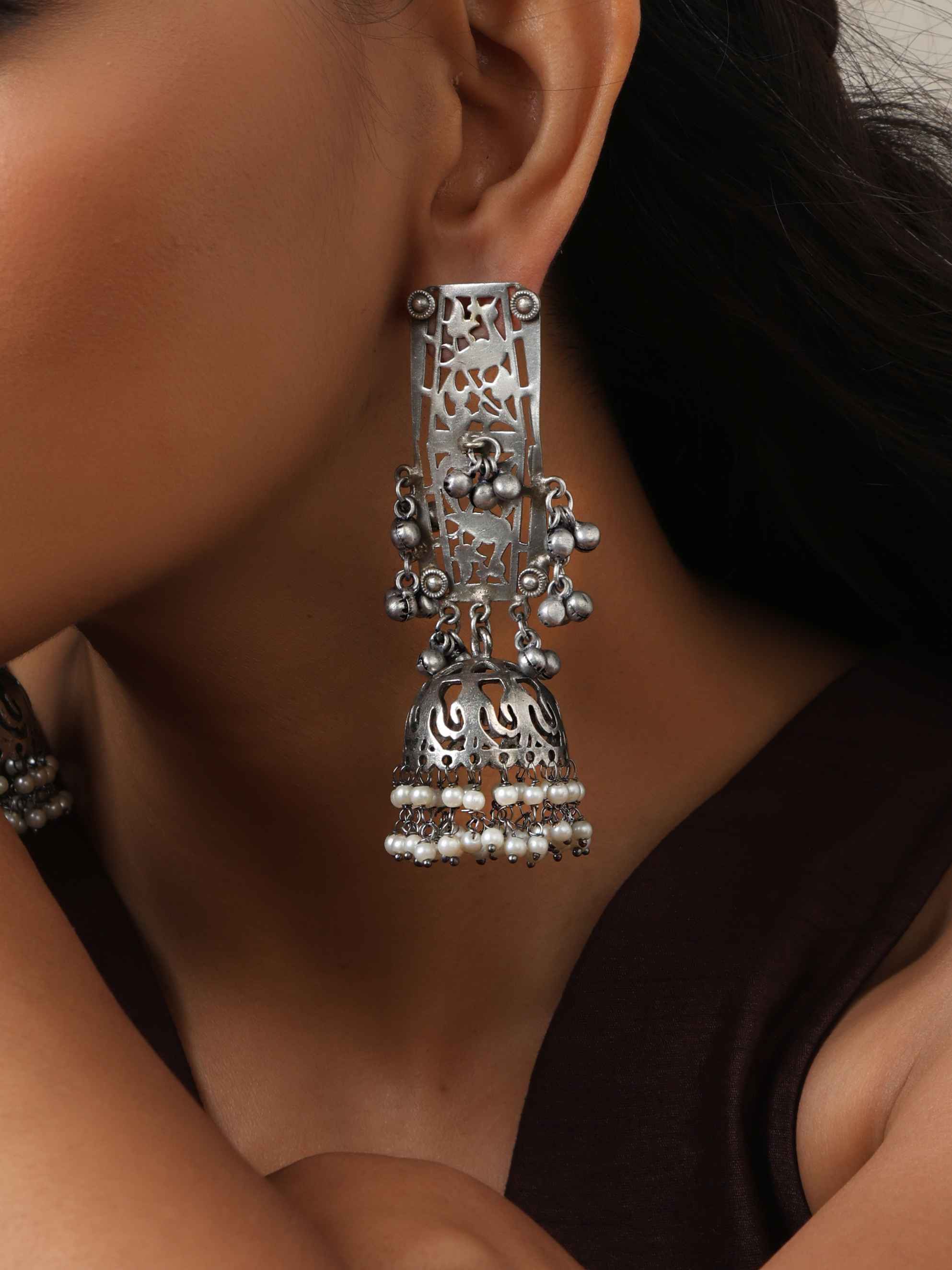 trueBrowns Silver Tone Floral Jhumka Earrings | Grocsy