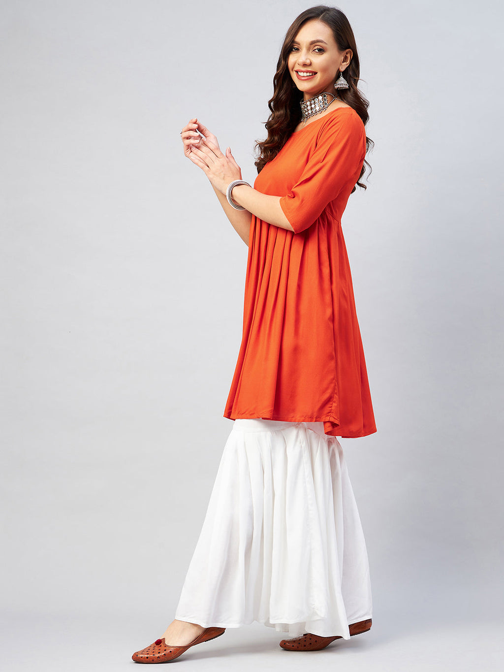 InWeave Women's Orange Short Anarkali Kurta | Grocsy