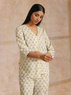 trueBrowns Green Buta On Off-White Block Print Cotton Co-Ord Set | Grocsy