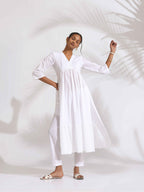 trueBrowns White Cotton Schiffli Flared Anarkali Kurta Set | Grocsy