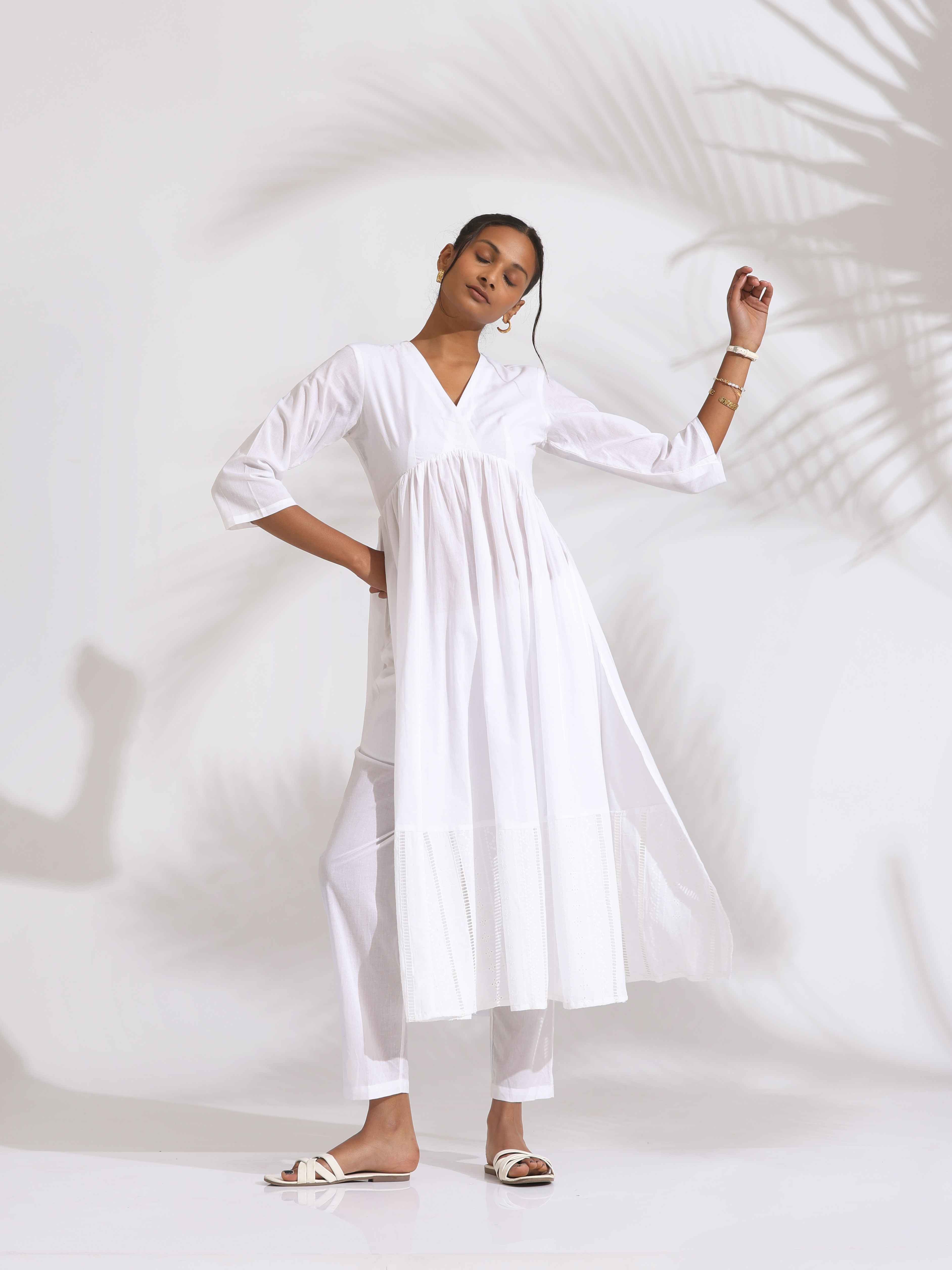 trueBrowns White Cotton Schiffli Flared Anarkali Kurta Set | Grocsy