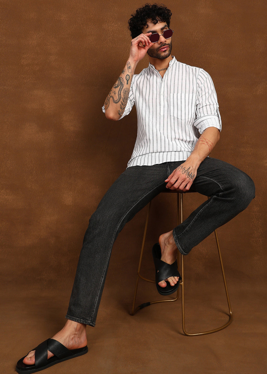 Fabmade Driftline Stripe Linen Short Kurta | Grocsy