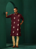 trueBrowns Men's Wine Geometric Viscose Silk Long Kurta | Grocsy