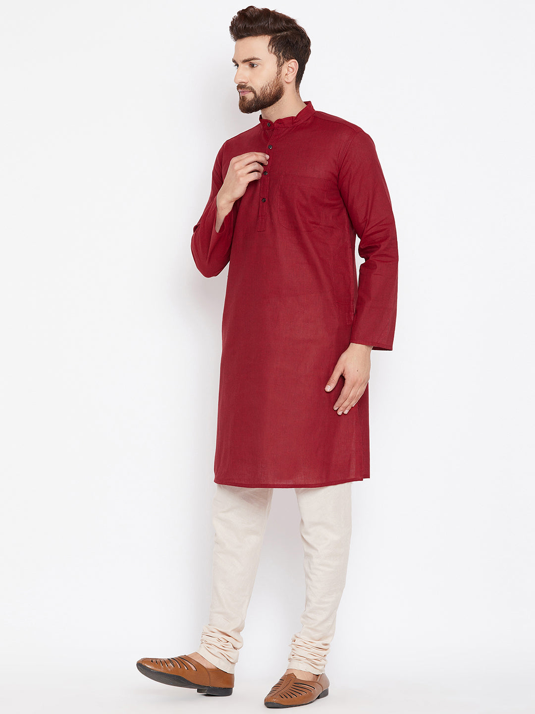 Even Apparels Maroon Pure Cotton Kurta With Band Collar | Grocsy