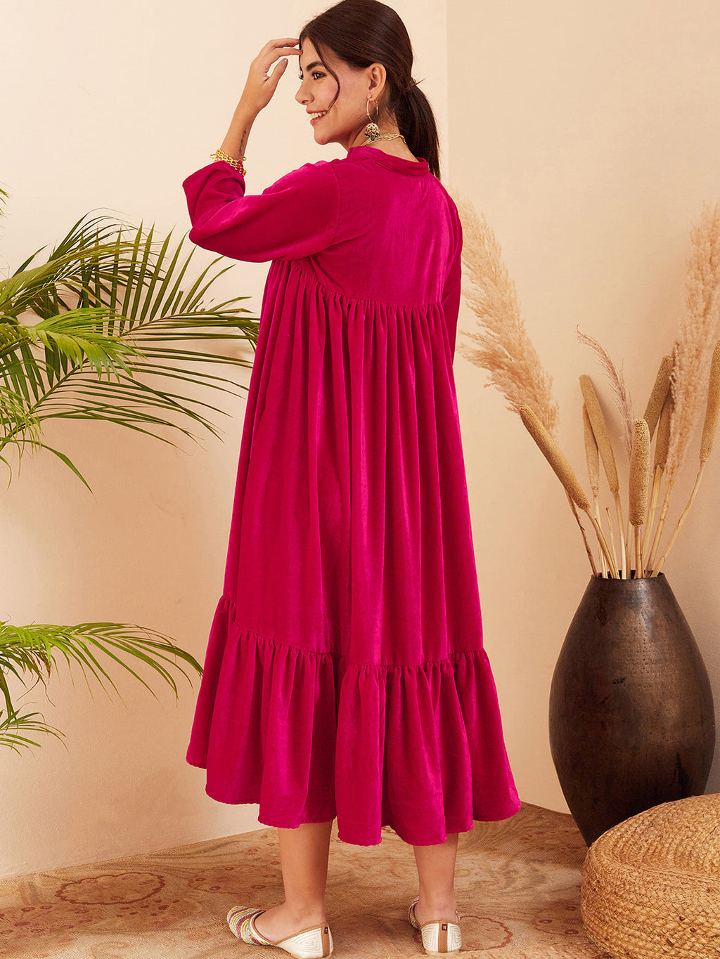 InWeave Women's Fuchsia Velvet Manderia V Neck Flared Dress | Grocsy