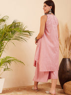 InWeave Women's Light Pink Lurex Kantha Mandarin Neck Kurta Palazzo Set | Grocsy