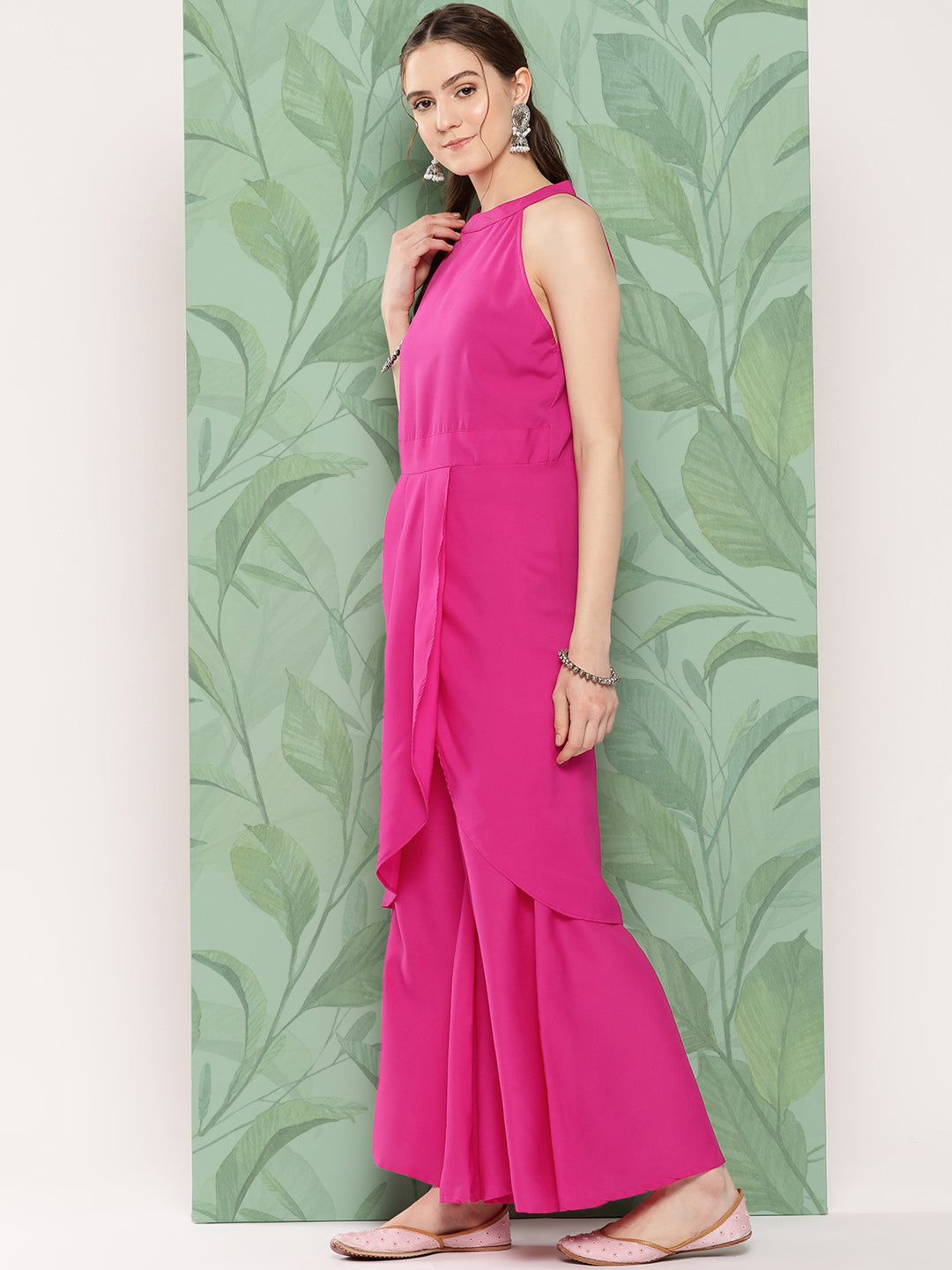 InWeave Women's Magenta Pleated Halter Kurta Palazzo Set W White Pink Or Dupatta | Grocsy