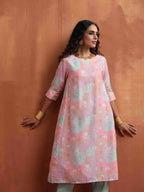 trueBrowns Beige Palm Print A-line Kurta Set | Grocsy
