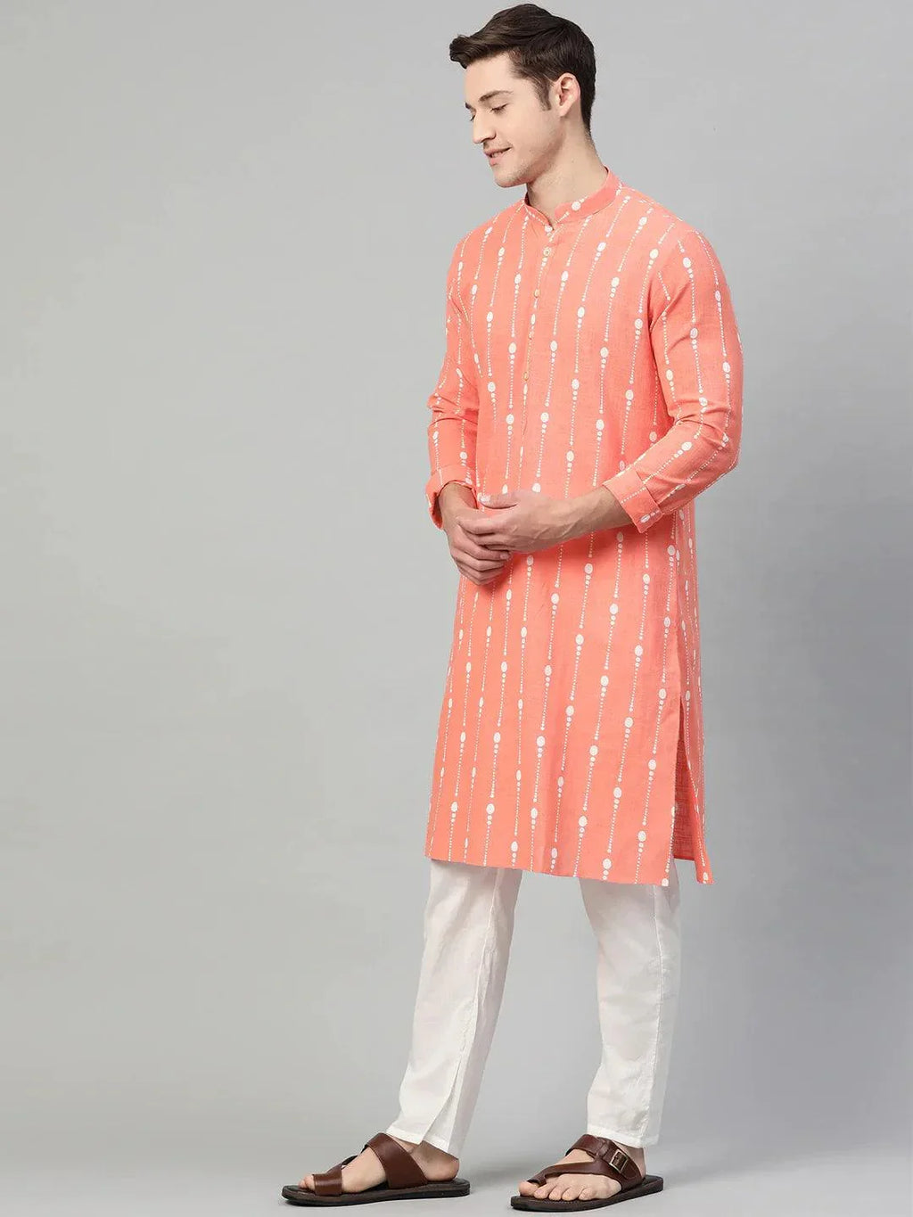 Fabmade Peach & White Printed Straight Kurta Pyjama | Grocsy