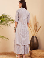 InWeave Women's Light Grey Lurex Kantha Mandarin Neck Kurta Palazzo Set | Grocsy
