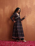 trueBrowns Black Print Flared Anarkali Kurta Set | Grocsy