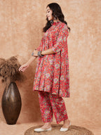 InWeave Women's Red Yellow Floral Print Flared Kurta Pant Set | Grocsy