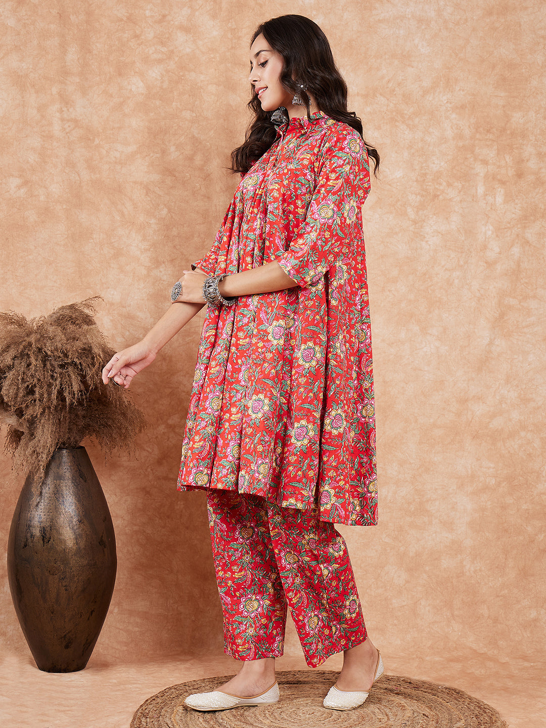 InWeave Women's Red Yellow Floral Print Flared Kurta Pant Set | Grocsy