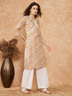 InWeave Women's Multi Floral Painted Alia Lace Work Straight Kurta | Grocsy