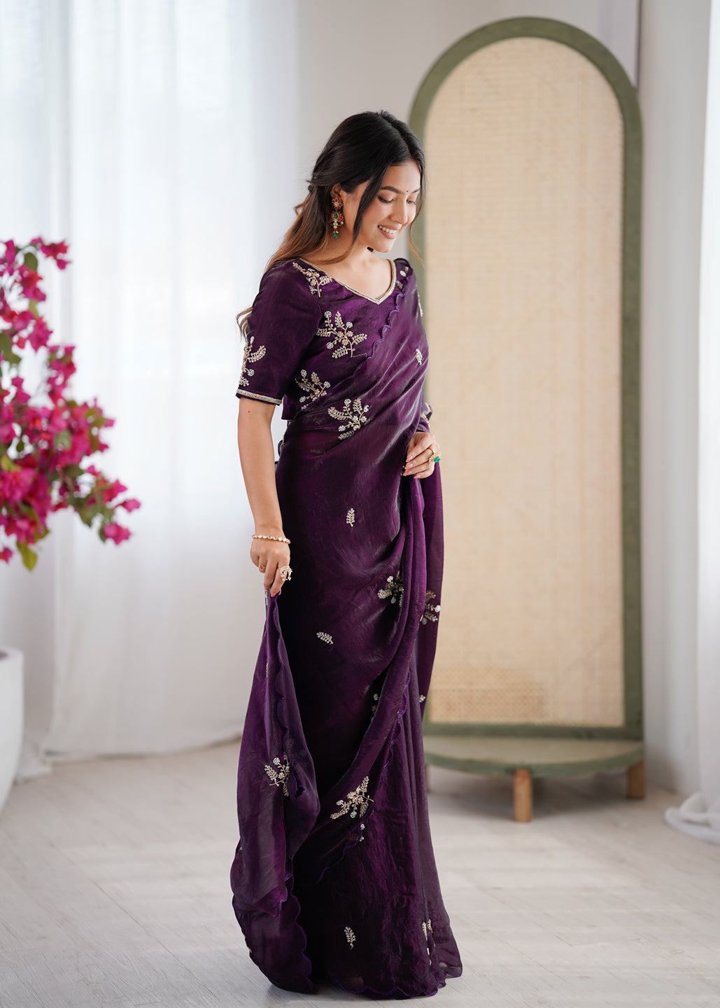 Evanik Designer Heavy Fendy Satin With Beads Embroidered Work Saree With Unstitched Blouse | Grocsy
