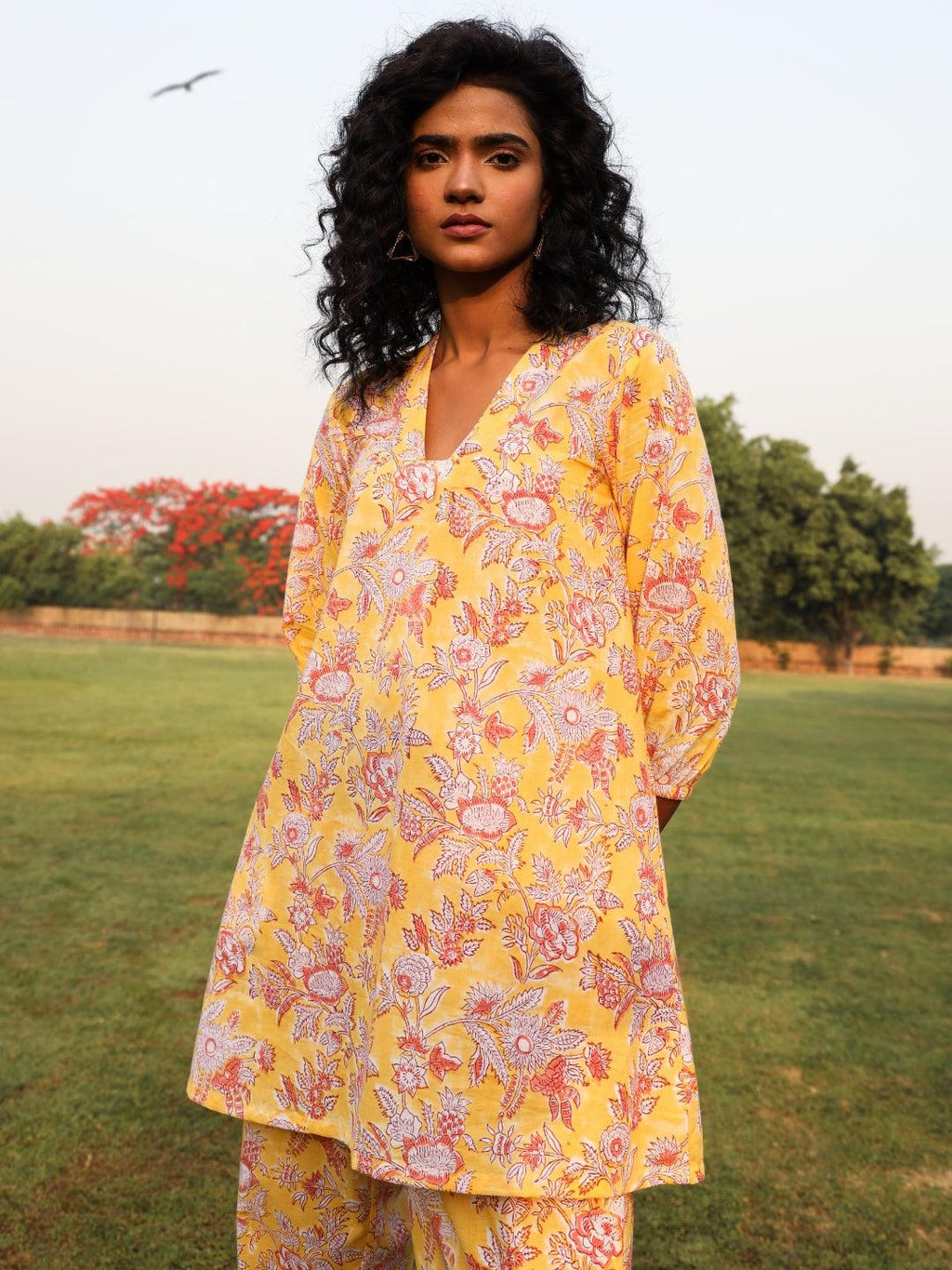 trueBrowns Yellow Cotton Block Print V-Square Neck Co-Ord Set | Grocsy