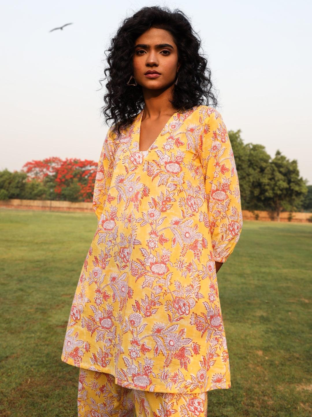 trueBrowns Yellow Cotton Block Print V-Square Neck Co-Ord Set | Grocsy
