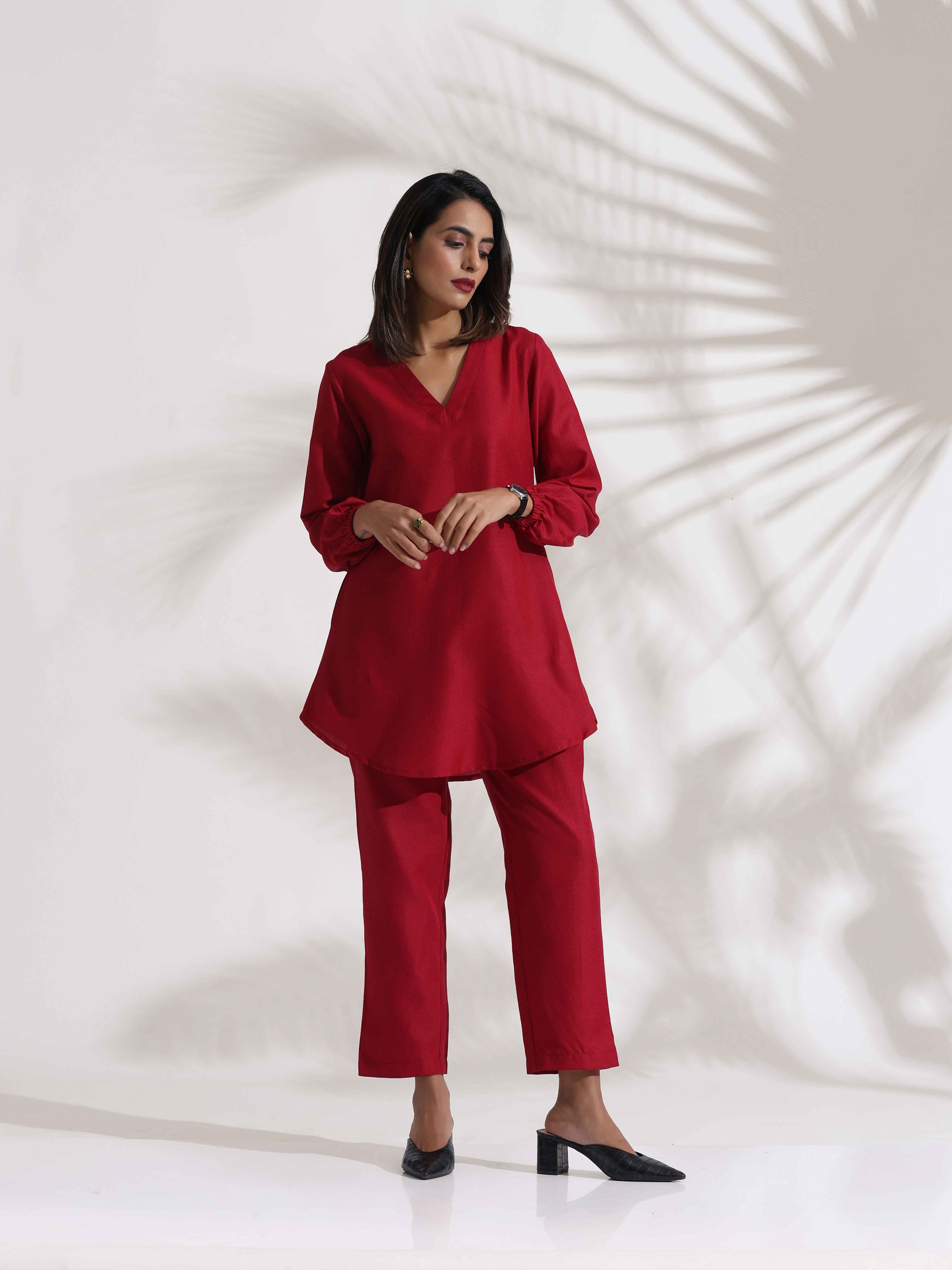 trueBrowns Maroon Slub Co-ord Set | Grocsy