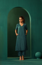 trueBrowns Blue Teal Silk Kurta Jacket Set | Grocsy
