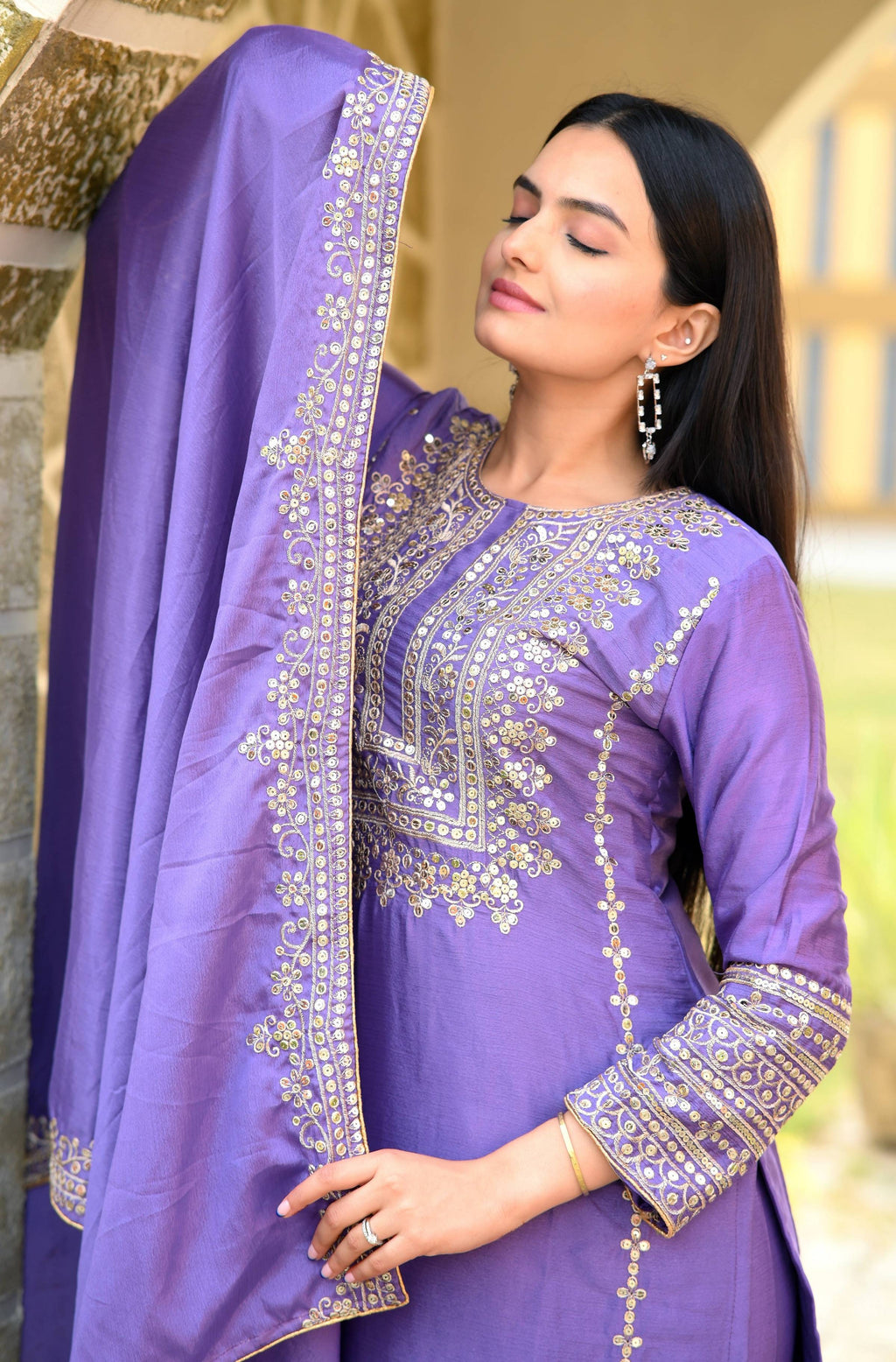 Teeya Creation Lavender Color Chinon Silk Heavy Embroidery Work Fully Stitched Salwar Suit | Grocsy