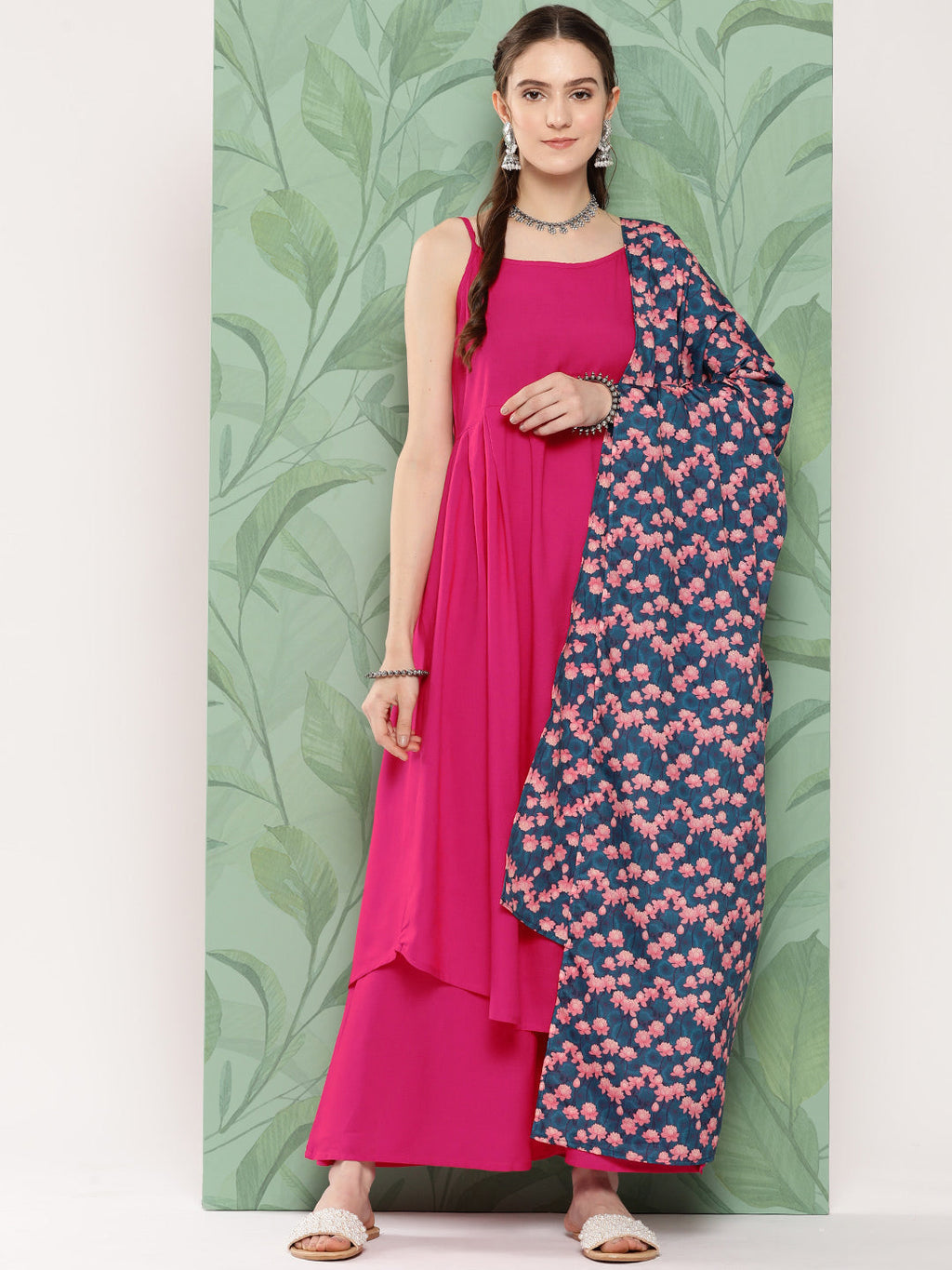 InWeave Women's Fuchsia Strappy Set W Navy Pink Lotus Cr Duptta | Grocsy