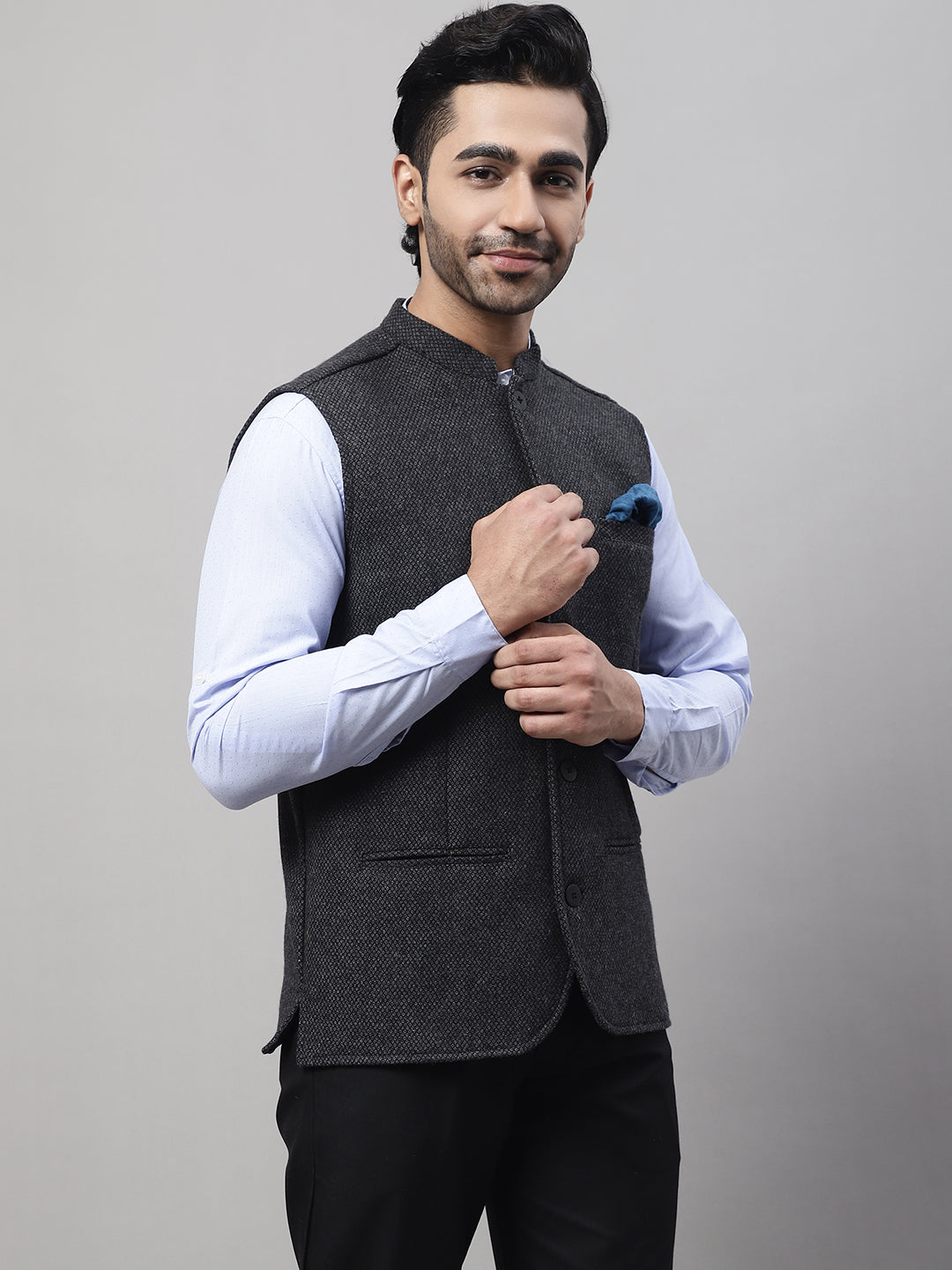 Even Apparels Men's Grey Pure Wool Nehru Jacket | Grocsy