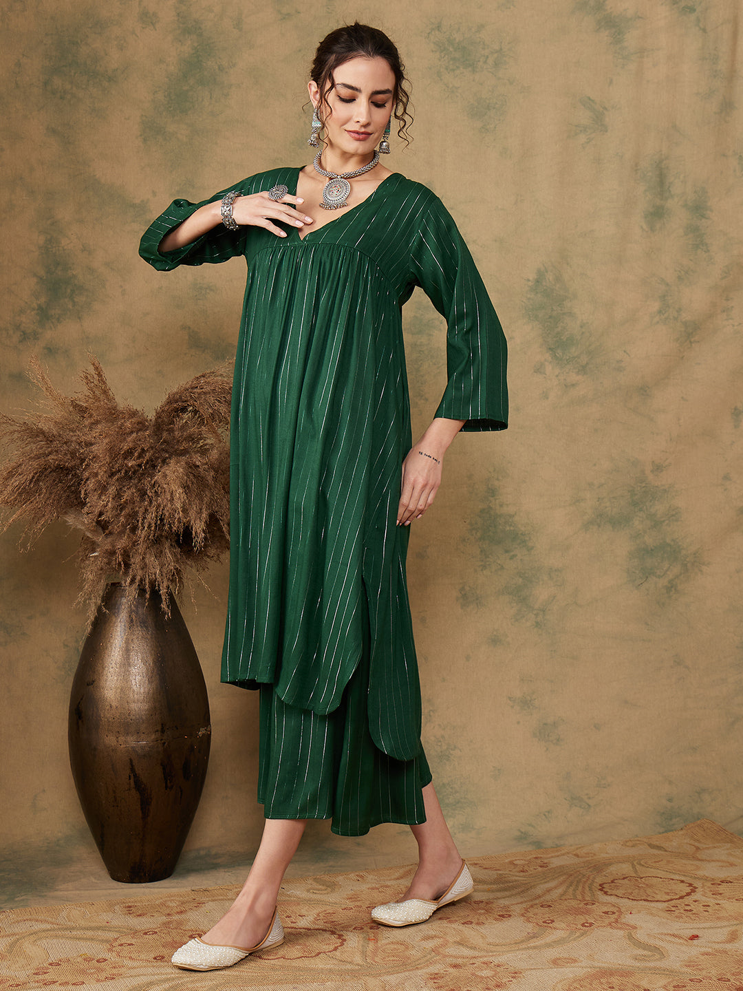 InWeave Women's Pine Green Lurex Flared V Neck Kurta Palazzo Set | Grocsy