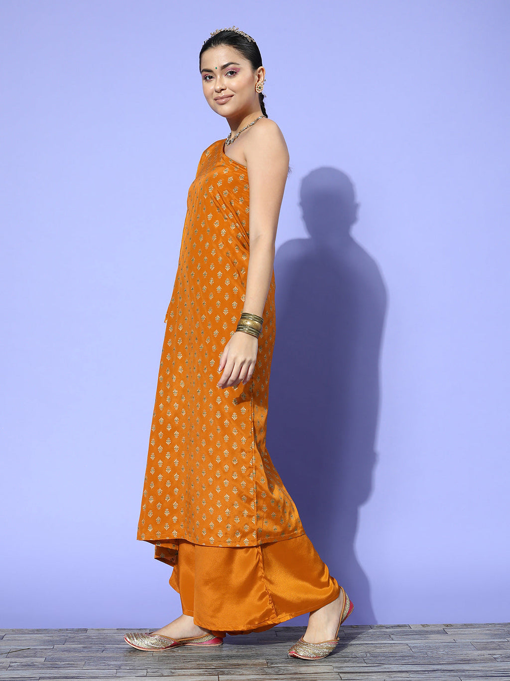 InWeave Women's Mustard Gold Print One Shoulder Kurta Set | Grocsy
