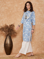 InWeave Women's Blue White Floral Square Lace Work Straight Kurta | Grocsy