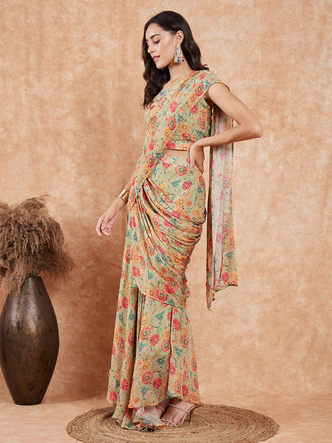 InWeave Women's Pear Green Red Floral Skirt Saree | Grocsy