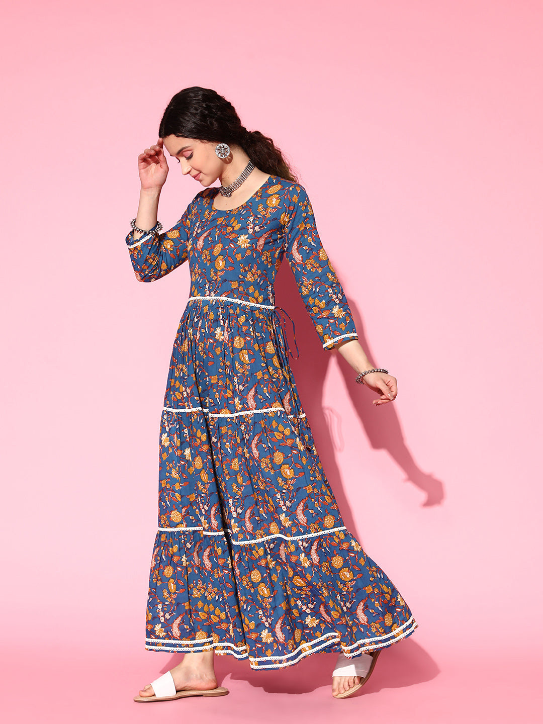 InWeave Women's Blue Floral Print Dress With Lace | Grocsy