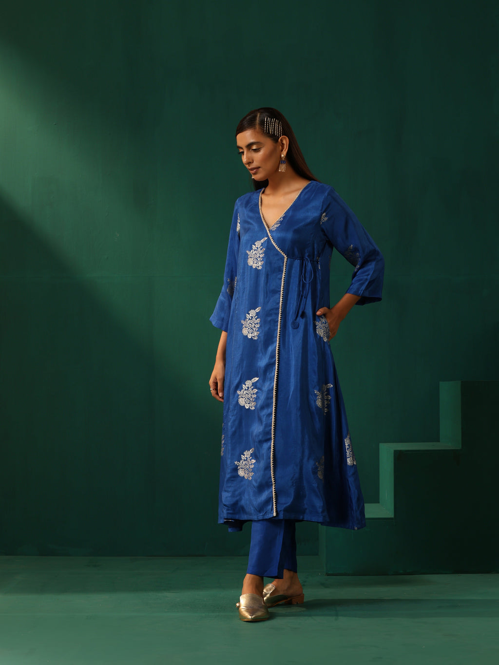 trueBrowns Royal Blue Floral Viscose Silk Angrakha Kurta Pant Set | Grocsy